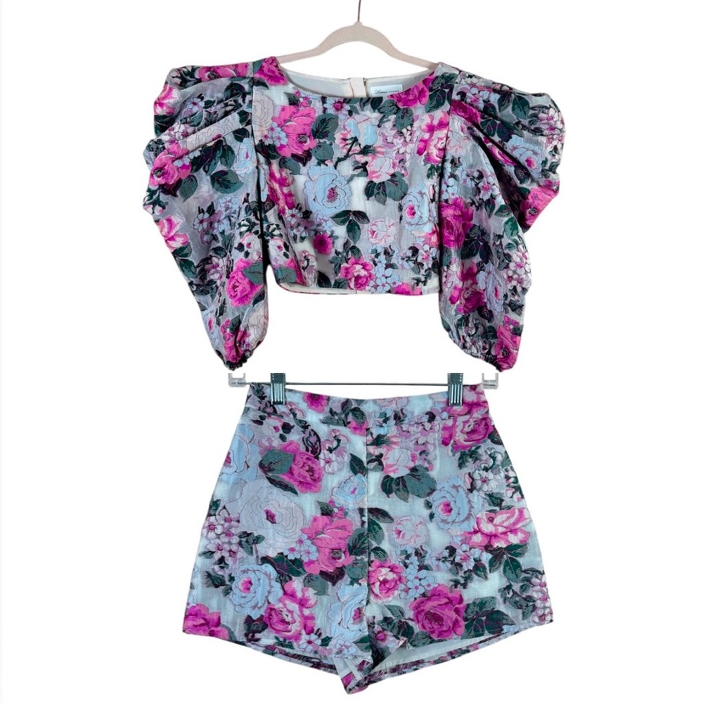 NWT LOVERS + FRIENDS XXS pink floral brocade puff sleeve crop top shorts set